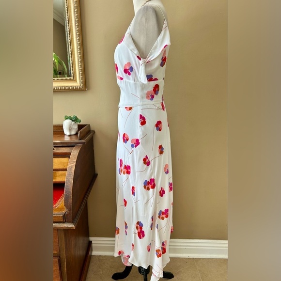 Lewit Tie Sleeve Off Shoulder Floral Asymmetrical Maxi Dress White Pink Size 8 - Picture 6 of 16